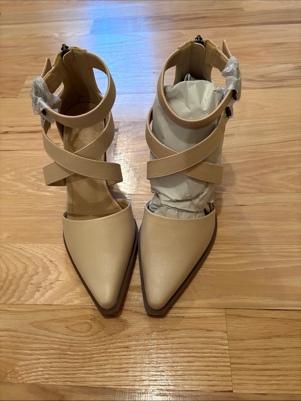 Pointed Crisscross Ankle-Strap Heels in Light Beige